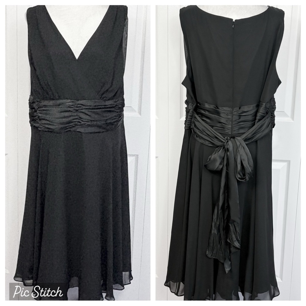 London Times 24W Black Sleeveless V-Neck Empire Waist Tie Back Midi Dress